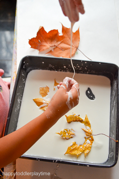 Create a fun and messy Fall sensory play activity using oobleck and freshly fallen leaves. It's super easy sensory activity for toddlers & preschoolers!