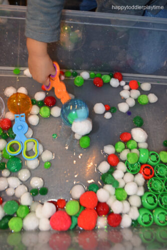 Christmas Pom Pom Sensory Bin - Happy Toddler Playtime