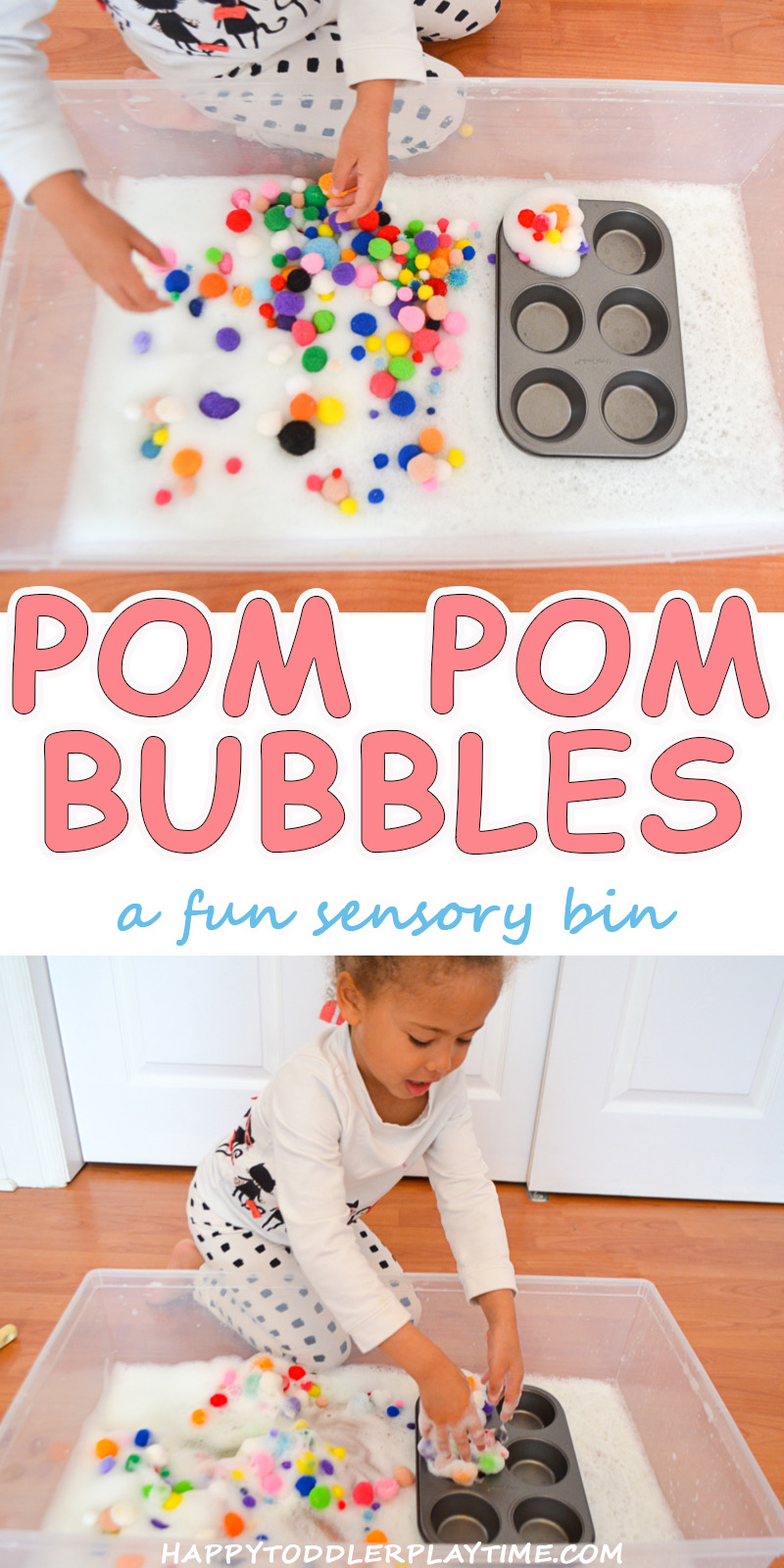 POM POM BUBBLES sensory bin activity for toddlers and preschoolers