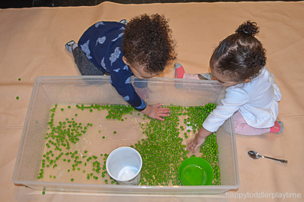 green pea sensory bin for toddlers and preschoolers