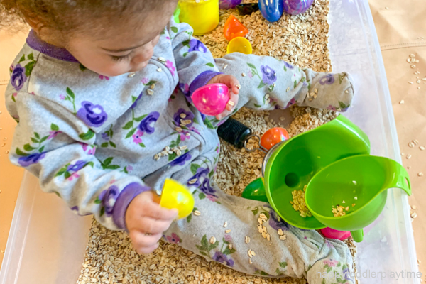 Oats & Easter Eggs Sensory Bin for babies and toddlers