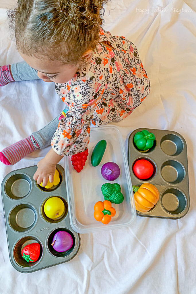 Muffin Tin Vegetable Sorting babies and toddlers