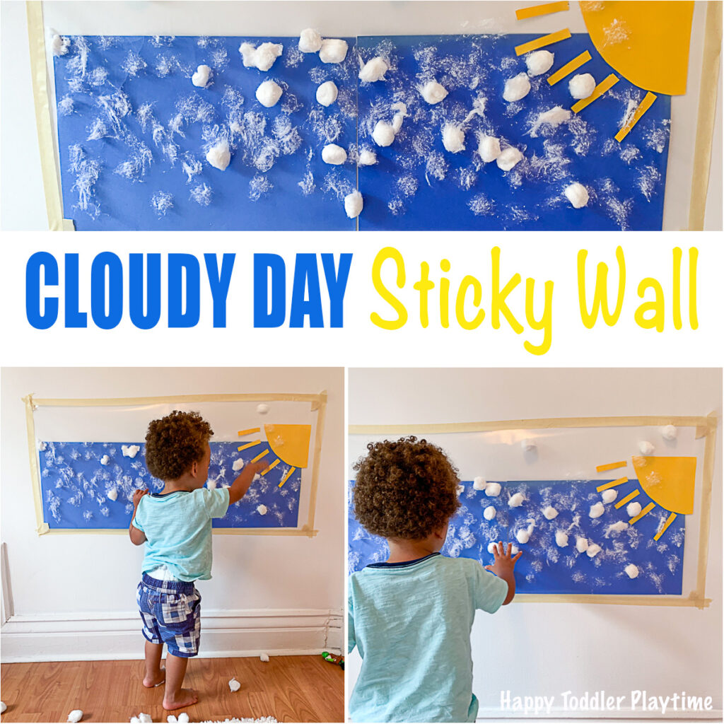toddlers sticky cotton ball clouds on contact paper sky