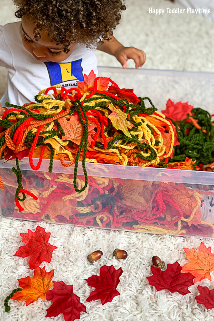a yarn sensory bin for Fall for babies and toddlers a