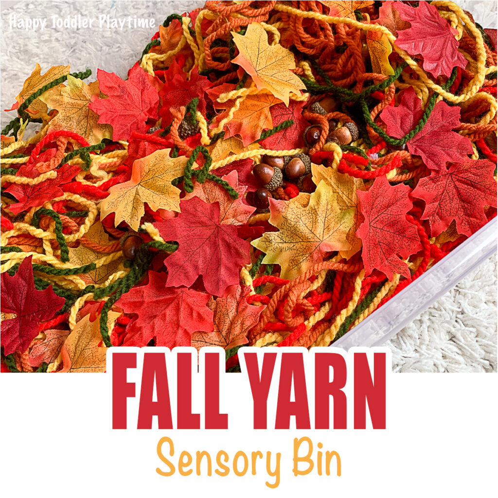 a yarn sensory bin for Fall for babies and toddlers a