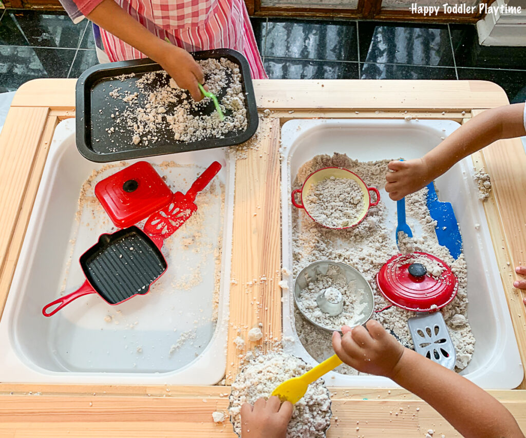 Cloud dough kitchen sensory bin for toddlers and preschoolers