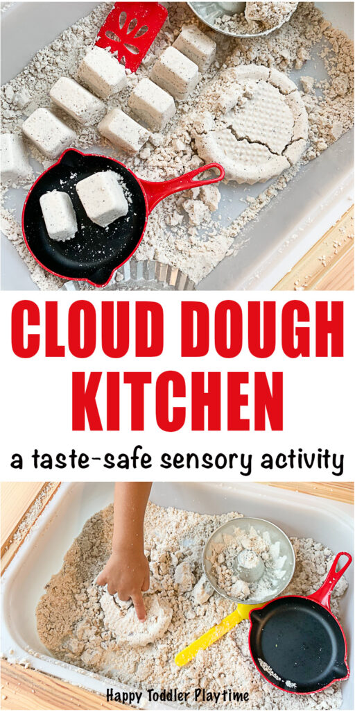 Cloud dough kitchen sensory bin for toddlers and preschoolers