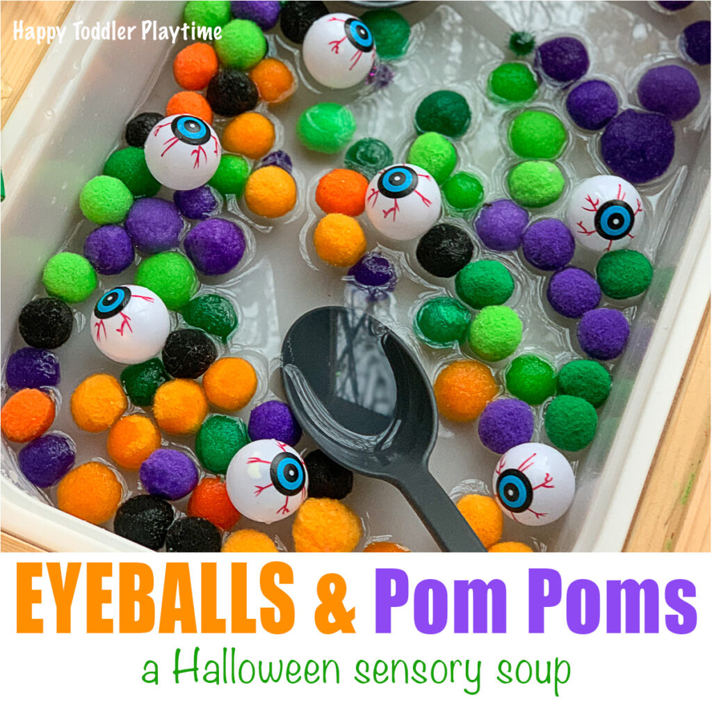 Eyeball and Pom Pom Halloween Sensory soup for toddlers and preschoolers