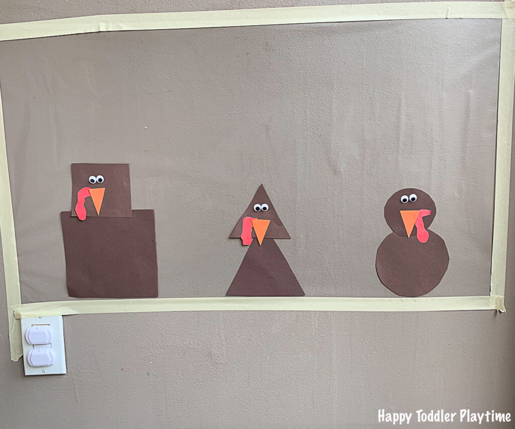 turkey Shapes Sticky Wall thanksgiving activity for toddlers and preschoolers