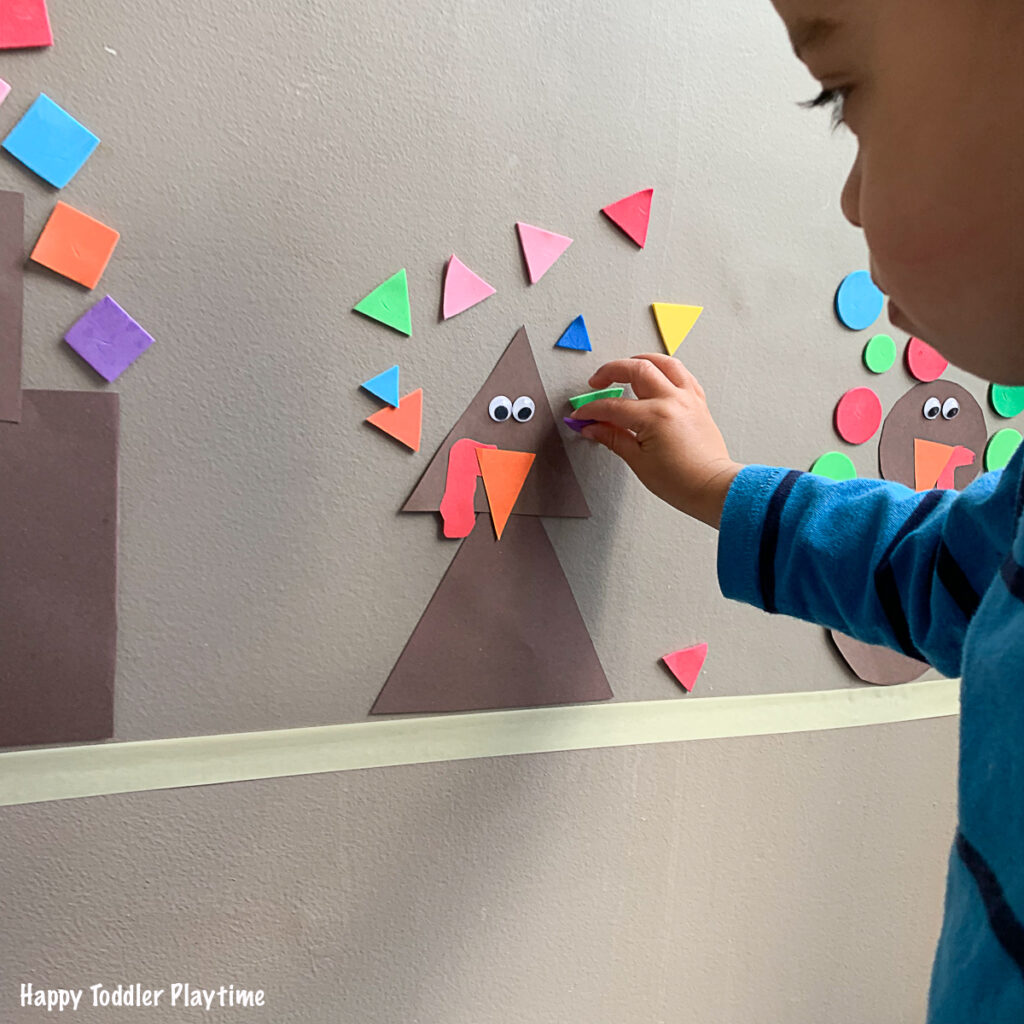 turkey Shapes Sticky Wall thanksgiving activity for toddlers and preschoolers