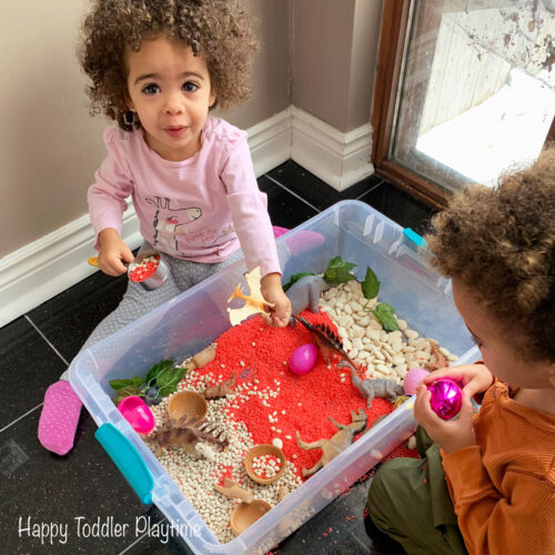Valentine's Day Dinosaur Sensory Bin - Happy Toddler Playtime