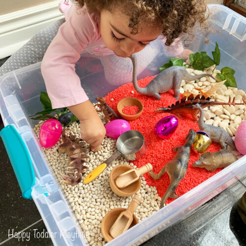 Valentine's Day Dinosaur Sensory Bin - Happy Toddler Playtime