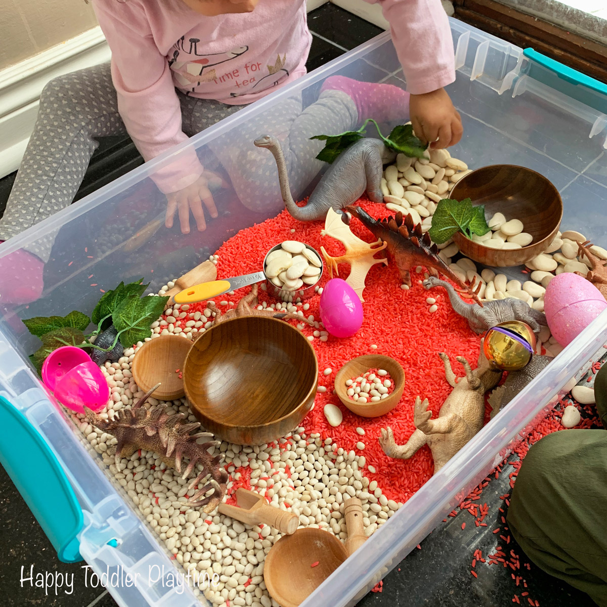 Valentine's Day Dinosaur Sensory Bin - Happy Toddler Playtime