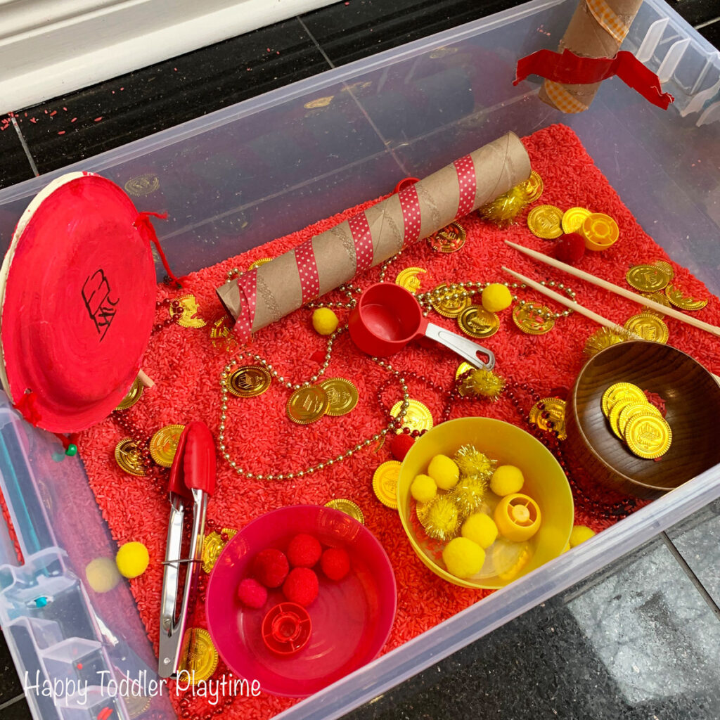 Lunar New Year sensory bin for toddlers and preschoolers 