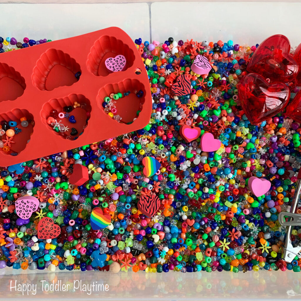 Valentines day sensory bin for kids