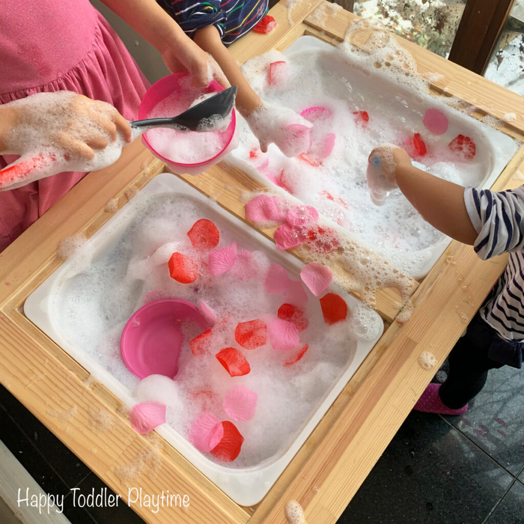 Valentines day bubble foam sensory bin for toddlers and preschoolers