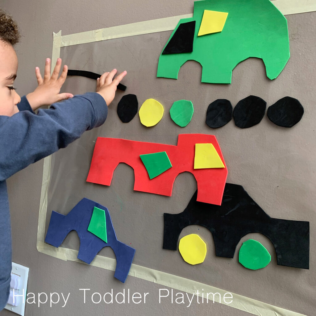Build a car sticky wall activity for toddlers and preschoolers 