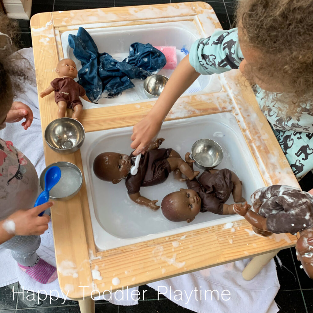 shaving cream and baby dolls sensory play activity for toddlers and preschoolers and kindergartners