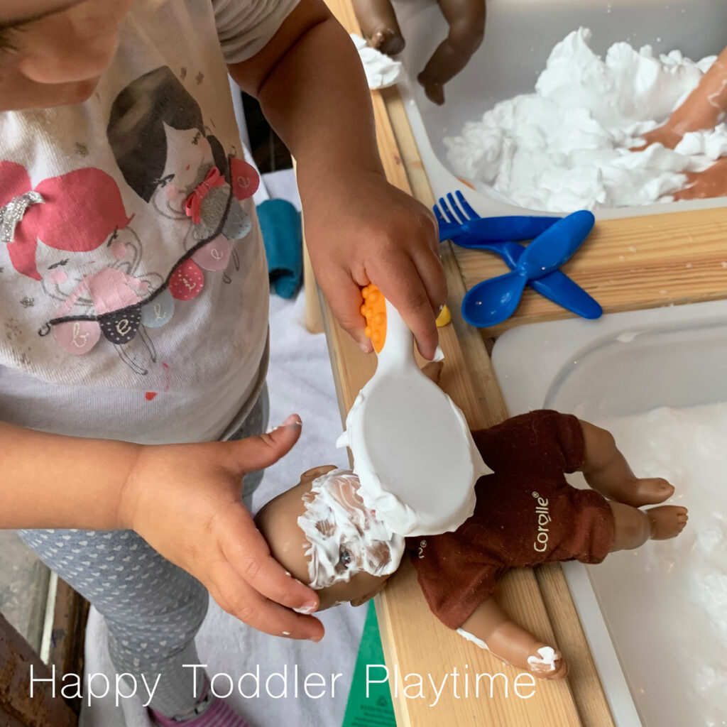 shaving cream and baby dolls sensory play activity for toddlers and preschoolers and kindergartners