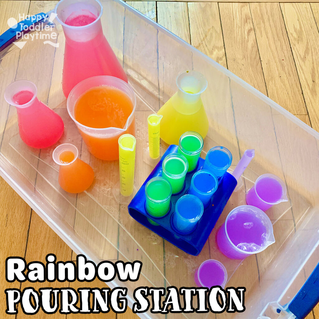 Rainbow Pouring Station Sensory Bin for Kids