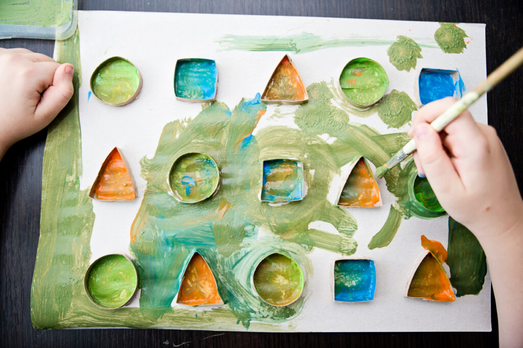 Practice learning shapes with this fun paint the shapes activity for preschoolers and kindergartners. This easy activity is a great hands-on early math activity for developing familiarity with geometric shapes.