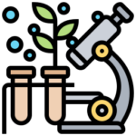 An icon of a microscope and a plant in a test tube.